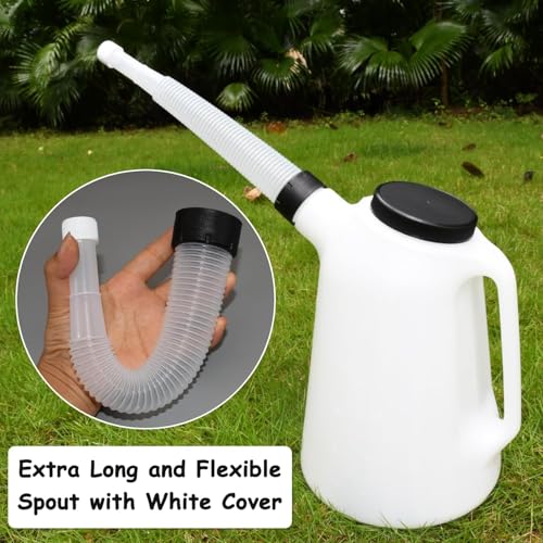 2 Pack 5 Quart Oil Jug Set with 2 Long Funnels - Oil Drain Pan & Container for Vehicle, Lawn Mower, Boat, Includes Orange & Black Funnels, Leak-Proof & Easy-Pour Spout (2Pack-5Qrt) - size: 2Pack-5Qrt