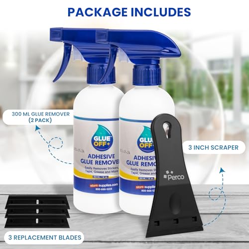 Perco Glue Off Adhesive Remover - Set of 2 10 fl. oz with Scraper | Glue Remover Spray Effortlessly Erase Adhesive Hassles & Car Stickers - for Label Sticker Residue - size: 10 Fl Oz (Pack of 2)
