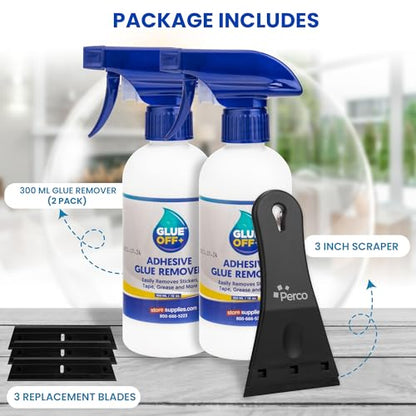 Perco Glue Off Adhesive Remover - Set of 2 10 fl. oz with Scraper | Glue Remover Spray Effortlessly Erase Adhesive Hassles & Car Stickers - for Label Sticker Residue - size: 10 Fl Oz (Pack of 2)