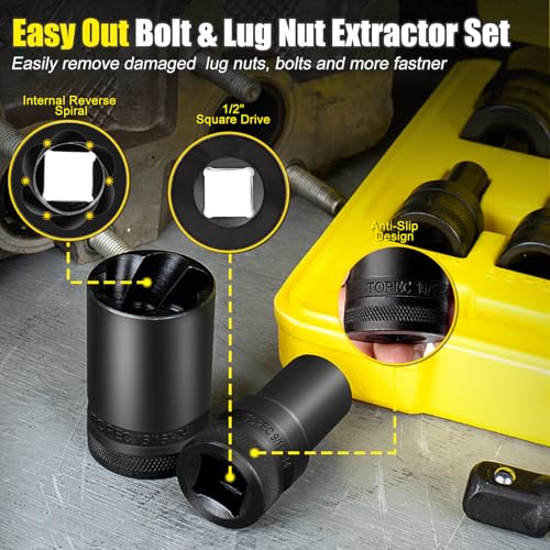 Topec 14PCS Lug Nut Removal Tool, 1/2" Drive Lug Nut Extractor Set, 10-25mm Stripped Lug Nut Remover Socket, Wheel Lock Removal Kit for Damaged, Rusted, Rounded Bolts, Tire Lug Nuts - size: 14 PCS
