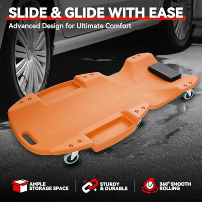 Auto Dynasty 47 Inches Mechanic Creeper, Automotive Garage Repair Low Profile Under Car Rolling Creeper with Padded Headrest, Plastic, Orange - color: Orange