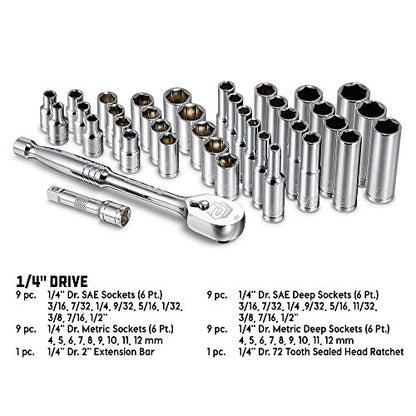 Powerbuilt 642450 38 Piece 1/4-inch Drive Mechanics Tool Set - with SAE and Metric Socket Set, 72 Tooth Seal-Head Ratchet, Automotive Tool Kit, including Case - size: 38 Piece