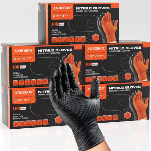 ANBOSON 10 Mil Heavy Duty Industrial Nitrile Gloves, Black Large 500 Count | 500 Ct Diamond Texture, Disposable Latex Free Rubber Gloves for Auto Repair,Workshop,Warehouses,Chemical Handling Industrial - color: Black-500, size: Large