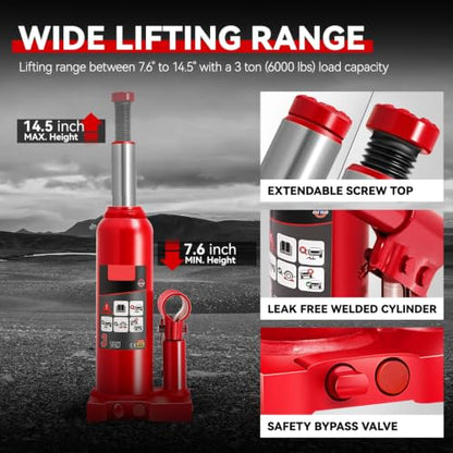 Auto Dynasty 3 Ton Hydraulic Bottle Jack, Automotive Welded Bottle Jack for Car, Pickup Truck, RV, Auto Repair, 8" to 14.5" Lifting Range (Red) - color: Red, size: 3 Ton