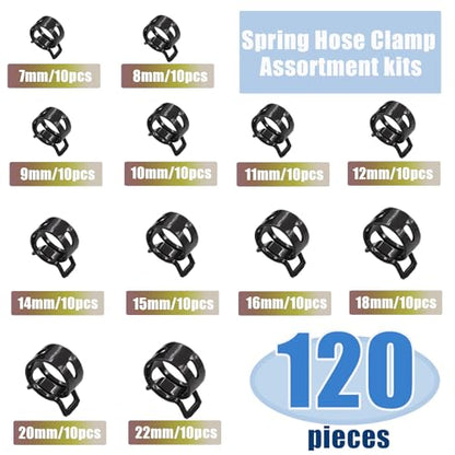 Tnisesm 121Pcs 6-22mm Spring Hose Clamp Assortment Kits with Swivel Flat Band Fuel Hose Clamp Plier, Silicone Vacuum Hose Action Pipe Clamp Low Pressure Air Clip Clamp Hoses Clamps sleeving(Black) - size: 120Pcs-12 Sizes+Plier-BK