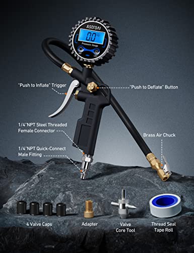 AstroAI Digital Tire Pressure Gauge with Inflator, 3-250 PSI Air Chuck & Compressor Accessories Heavy Duty with Quick Connect Coupler, 0.1 Display Resolution, 1Pack Standard, with case - size: 1 Pack Standard, style: with case