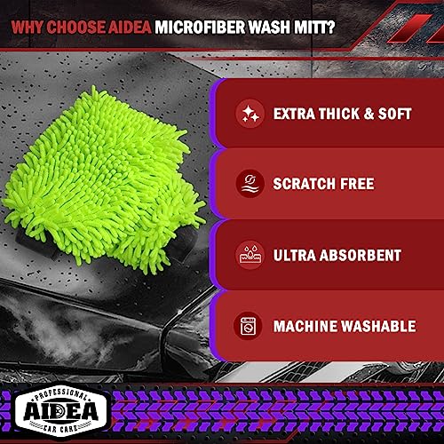AIDEA Car Wash Mitt Microfiber, 4PK,Car Wash Brush, Green 8''X12'' | Scratch Free Lint-Free, Premium Chenille Microfiber Mitt, Cleaning Supplies, Extra Large Size - color: Green, size: 4PK-8''X12''