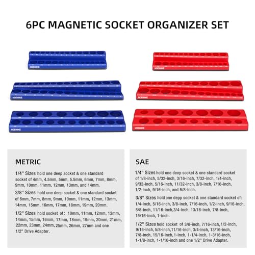 Magnetic Socket Organizer,6-Pack SAE & Metric 1/2,3/8,1/4 Inch Drive Sockets Holder,Holds 141 Standard/Deep Sockets,Blue and Red Magnetic Socket Tray(Sockets Not Included) - size: 1/2",3/8",1/4"SAE&METRIC/6PCS