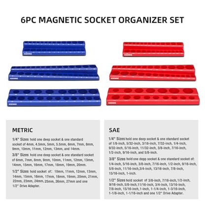 Magnetic Socket Organizer,6-Pack SAE & Metric 1/2,3/8,1/4 Inch Drive Sockets Holder,Holds 141 Standard/Deep Sockets,Blue and Red Magnetic Socket Tray(Sockets Not Included) - size: 1/2",3/8",1/4"SAE&METRIC/6PCS
