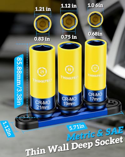1/2" Drive Lug Nut Socket Set, 17/19/21 mm Wheel Socket | Non Marring, Thin Wall, CR-MO Steel, Hex Lug Nut Removal - size: 3PC