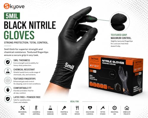 SKYOVE 5 Mil Black Nitrile Gloves Disposable 100 Count Heavy Duty Industrial Grade Textured Grip Latex Free Powder Free - size: Medium