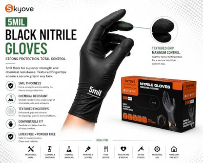 SKYOVE 5 Mil Black Nitrile Gloves Disposable 100 Count Heavy Duty Industrial Grade Textured Grip Latex Free Powder Free - size: Large
