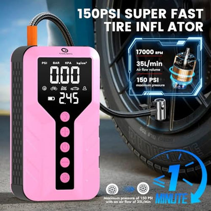 Jump Starter with Air Compressor for All-Terrain Vehicles, Deep Pink, Lithium Ion, 12 Volts, 6000 Amps Peak, 25000mAh - color: Deep Pink