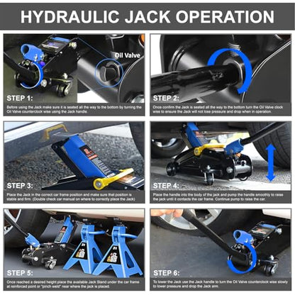 PM PERFORMOTOR Low Profile Hydraulic Trolley Service/Floor Jack Combo with 2 Ratchet Jack Stands, 2 Ton (4000 lbs) Capacity, Blue, PM-TOL-FJ3P-BL - color: Blue