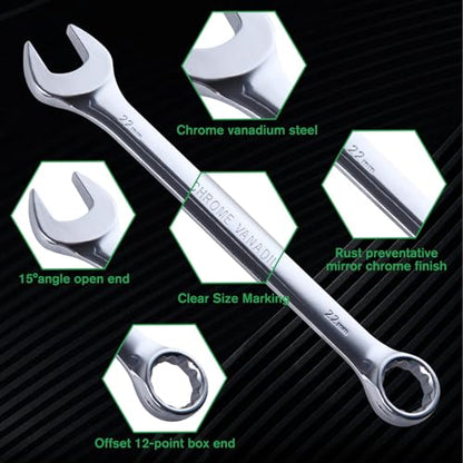 SPEEDWOX 14-Piece Essential Metric Combination Wrench Set Metric 8mm to 24mm 12 Point Combination Wrench Sets in Roll-up Pouch for General Household Garage Chrome Vanadium Steel Mirror Chrome Finish
