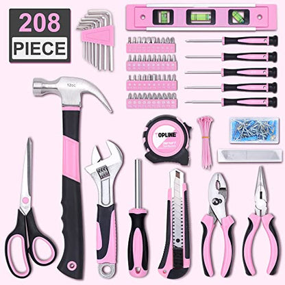 TOPLINE 208-Piece Pink Tool Kits for Women with Round Pouch, Small Tools Kit for Apartment, Home, Household Ladies Pink Tool Set for Best Gifts and Home Maintenance