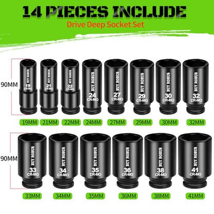 3/4 inch Drive Impact Socket Set, 14 Piece Heavy Duty CR-MO Deep/Jumbo Sockets 6 Point Design, Metric 17MM to 38MM, for Large Vehicle and Apparatus Maintenance - size: 14-Piece 3/4" Metric Impact Socket Set