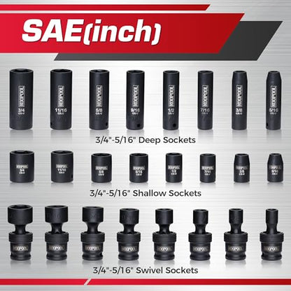 67-Piece 3/8” Impact Socket Set, SAE & Metric, CR-V & CR-Mo, Shallow/Deep/Swivel Sockets, Ratchet, Extension Bars & Adapters, Heavy-Duty Socket Set for Mechanics