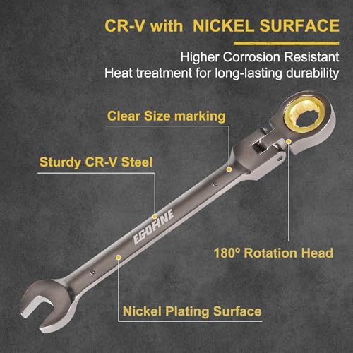 Egofine 6mm Ratchet Wrench Flex Head, 6mm Wrench Ratcheting Combination Wrenches Metric, Industrial Grade Gear Spanner with 12 Point Box End, 72-Teeth Ratchet Nickel Plating, Chrome Vanadium Steel - style: 6mm