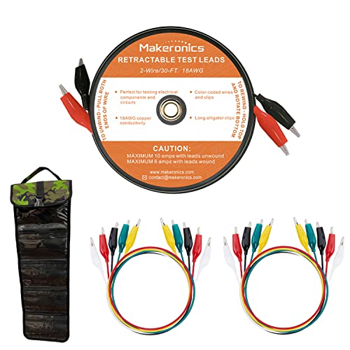Makeronics 2 Wires 30FT 18AWG Retractable Test Leads with Roll-up Storage Pouch and Dual Ended Electrical Alligator Clips Test Probe Lead Wire Cables for Circuit Connection/Electrical Testing