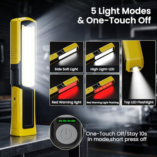 Magnetic Flashlight 6000mAh Rechargeable, LED Underhood Work Light 1 Pack | 5 Light Modes, 180° Rotating Base, Side Magnet, Hidden Hook, IP44 Waterproof,Car Mechanics, BBQ Grill, Gift for Dad, Men