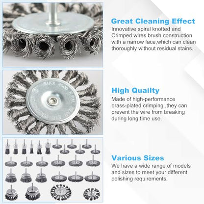 Rocaris 28 Pack Wire Wheel Brush, Carbon Steel & Twist Knot Cup Brush, Wheel Brush, Pen Brush Set with 1/4-Inch Round Shank for Rust Removal, Corrosion and Scrub Surfaces, Grey