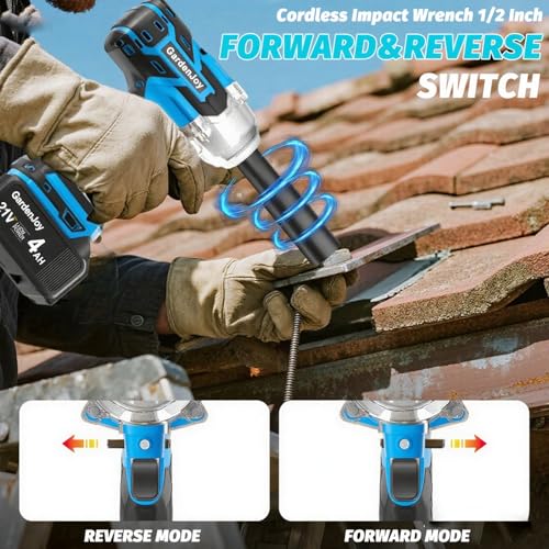 GardenJoy Cordless Impact Wrench, 1/2" 450Ft-lbs, 4.0Ah Battery & 4 Sockets | 600N.m Max Torque, with Fast Charger, for Car Tire Lug Nut Removal & Maintenance Tasks