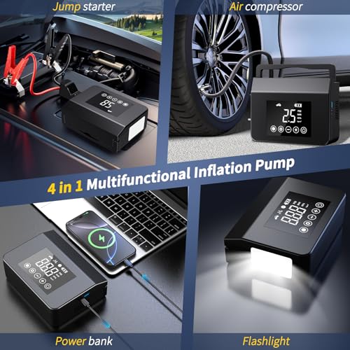 4000A Jump Starter with Air Compressor, 150PSI 12V Smart Portable Car Jump Starter(All Gas/8.0L Diesel), 15000mAh Power Bank & Jumper Cables, LED Light,Type-C Quick Charge