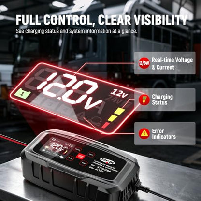 TOPDC 25A 12V/24V Smart Car Battery Charger, Maintainer and Power Supply | Maintainer, desulfator and power supply functions support charging, battery care and external power needs. - size: 25A