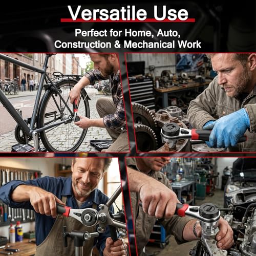 Adjustable Ratchet Wrench, Universal 6–22mm (1/4"–7/8") Compact Ratcheting Wrench for Tight Spaces, Reversible 60-Tooth Gear, Non-Slip Handle for Auto & Home Repair