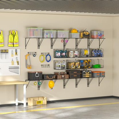 ThreeHio 2 Pack Garage Shelves Wall Mounted with Wire Baskets, Heavy Duty Garage Wall Shelving with Hooks, Wire Shelf Baskets Tool Organizer for Home Garden Garage Organization and Storage