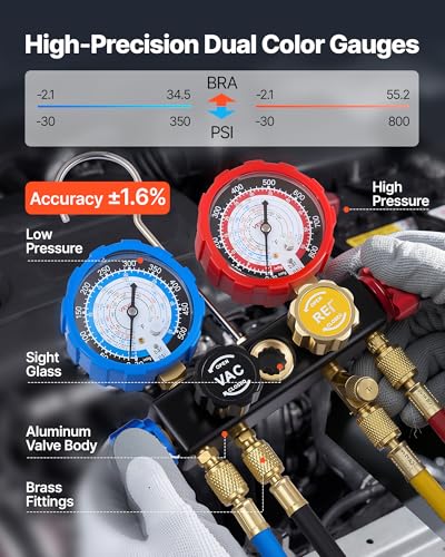 VEVOR AC Manifold Gauge Set for R134a R404A R1234yf R22 Refrigerant, 4 Way AC Gauge with 5 ft Hoses, Adapters, Quick Couplers, Can Taps for Automotive Air Conditioning Maintenance, Charging Evacuation - size: R134a/R404A/R1234yf/R22, style: 4 Way with Box