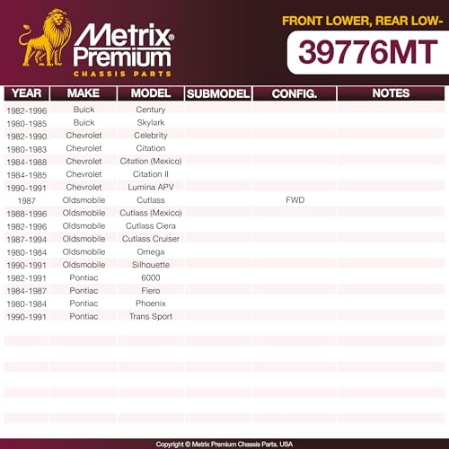 Metrix Premium Chassis Parts - Front Lower Ball Joint Fits 82-96 Buick Century, 80-85 Skylark, 82-90 Chevrolet Celebrity, 80-88 Citation, 84-85 Citation II, 90-91 Lumina APV, 87 Oldsmobile Cutlass FWD - size: K5263
