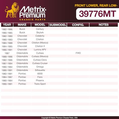 Metrix Premium Chassis Parts - Front Lower Ball Joint Fits 82-96 Buick Century, 80-85 Skylark, 82-90 Chevrolet Celebrity, 80-88 Citation, 84-85 Citation II, 90-91 Lumina APV, 87 Oldsmobile Cutlass FWD - size: K5263