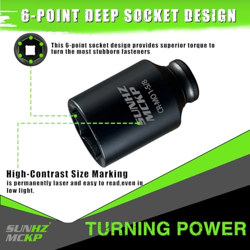 SUNHZMCKP 1/2 Inch Drive Impact Socket, SAE 1-5/8 In Deep 6 Point Socket, CR-MO, Axle Nut Impact Grade Socket for Easy Removal - color: Sae, size: 1-5/8 inch