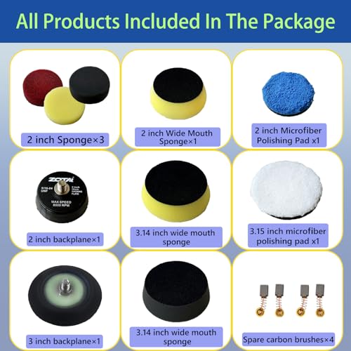 ZOTA 12Pcs Car Buffing Kit, 2"/ 3" Sponge Polishing Pad with 2 Set Carbon Brush, 2"/ 3" Base Plate [5/16-24Unf] Screw Connection, Drill Polisher Attachment Suitable for 2"/ 3" Dual Action Polisher