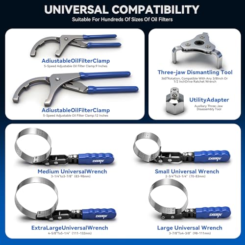 DISEN Oil Filter Wrench Set, 8PCS Oil Filter Swivel Wrench Set 2-3/4" to 5-1/4", 9" & 12" Adjustable Oil Filter Pliers,Universal 3-Jaw Removal Tool with 1/2" to 3/8" Adapter, Organized in Storage Case