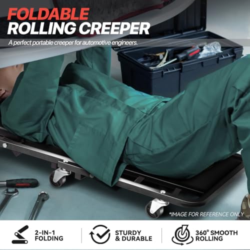 Foldable Creeper, 2-in-1 Rolling Garage Z Creeper Car & Seat, 40" Roller Mechanics Under Car Chair, 330 LBS Weight Capacity Heavy Duty, Black - color: Black, size: 40 Inch Length