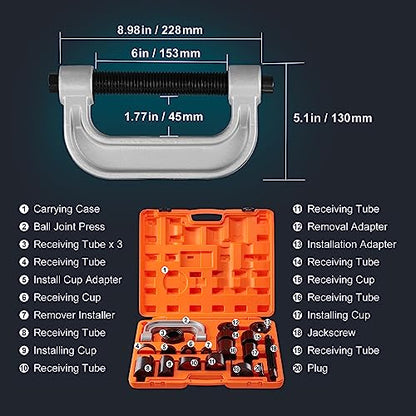 VEVOR Ball Joint Press Kit, 21 pcsTool Kit, C-Press Ball Joint Remove and Install Tools, for Most 2WD and 4WD Cars, Heavy Duty Ball Joint Repair Kit for Automotive Repairing - style: 21 PCS