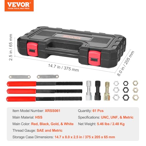 VEVOR Thread Restorer Kit 61Piece Thread Chaser Set - UNC UNF and Metric Thread Restorer Tool wit Thread Files Storage Case - Heat Treated Steel for Mechanics DIY Enthusiasts - size: 61PCS, style: SAE&METRIC