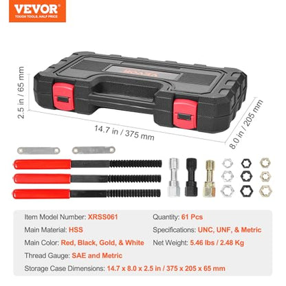 VEVOR Thread Restorer Kit 61Piece Thread Chaser Set - UNC UNF and Metric Thread Restorer Tool wit Thread Files Storage Case - Heat Treated Steel for Mechanics DIY Enthusiasts - size: 61PCS, style: SAE&METRIC