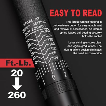 1/4" Drive Torque Wrench 20-260In.-Lb./2.96-29.4Nm, Two-way Adjustable 72-tooth Click Torque Wrench, Dual Scale, ±3% Accuracy Wrench, Suitable for Maintenance Bicycles, Cars and Trucks - size: 1/4" 20-260 in.1b