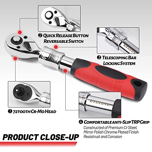 3-Piece Extendable Ratchet Set, 1/4 3/8 1/2 Inch Extendable Socket Wrench, Ratchet Wrenches Set 72-Tooth Quick-Release, Soft Grip Handle with Storage Tray - size: Extendable Ratchet Set - 3PCs (1/4", 3/8", 1/2")