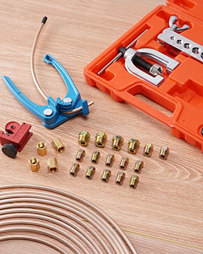 25 ft 3/16" Copper Coated Brake Line Kit +Tube Bender (Includes 16 Fittings and 4 Unions Brake Line Fittings) + Brake Line Double & Single Flaring Tool Kit