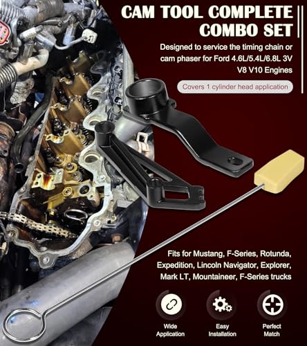 Camshaft Tool Complete Combo Set Fits for Ford 4.6L, 5.4L & 6.8L 3V Engines, Including Cam Phaser Holder Locking Tool, Timing Chain Locking Wedge Tool and Crankshaft Positioning Wrench Holder