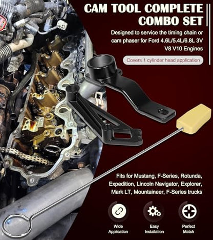 Camshaft Tool Complete Combo Set Fits for Ford 4.6L, 5.4L & 6.8L 3V Engines, Including Cam Phaser Holder Locking Tool, Timing Chain Locking Wedge Tool and Crankshaft Positioning Wrench Holder