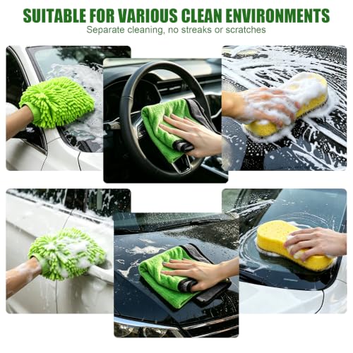 6PCS Microfiber Car Wash Mitt - Car Wash Gloves Kit with Microfiber Cleaning Cloth and Car Wash Sponge for Car Washing, Trucks, SUVs, Motorcycles Cleaning Detailing Polish - color: Greyish-green
