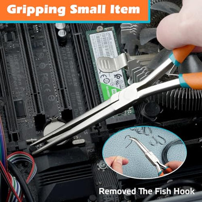 SPEEDWOX 2PCS Needle Nose Pliers With Curved Tips Curved Handle Extra Long Needle Nose Pliers With Straight Tips Needle Remover Pliers With Anti-Loss Lanyard and Serrated Jaw for Narrow Spaces - style: Long Curved Tips&Extra Long Nose