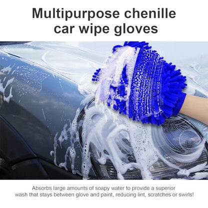 Ziciner Premium Microfiber Wash Mitt, Soft Scratch-Free Double-Sided Chenille Washing Gloves Perfect for Car Washing and Detailing (Blue, Large) - color: Blue