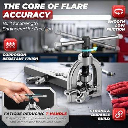 Flexzion SAE 45 Degree Double Flare Brake Line Flaring Tool Kit with (3/16, 1/4, 5/16, 3/8, 1/2") Adapters Dies Automotive Copper Steel Aluminum Brake Fuel Hydraulic Line Tubing Fitting Case Set